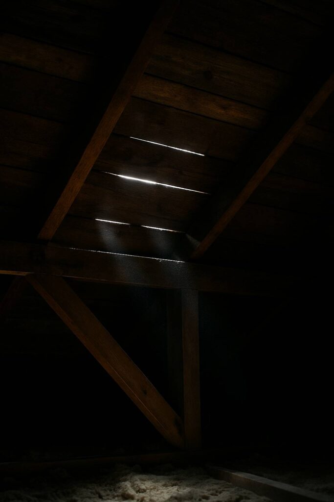 Visible light through attic boards, indicating roof repairs are needed.
