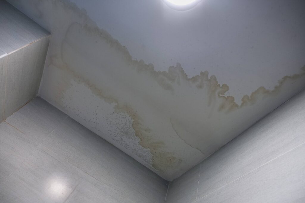 Water stain on white ceiling suggesting roof repairs are needed.