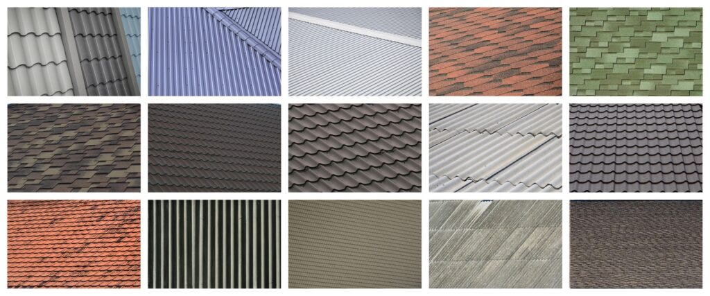 Collage of various roofing material options for roofing services.